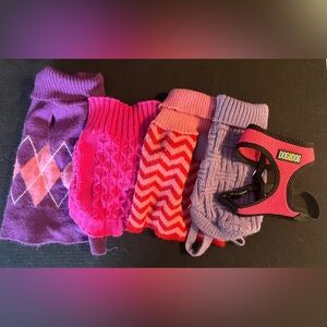 Set of 4 XSmall Dog Sweaters and Pink Harness